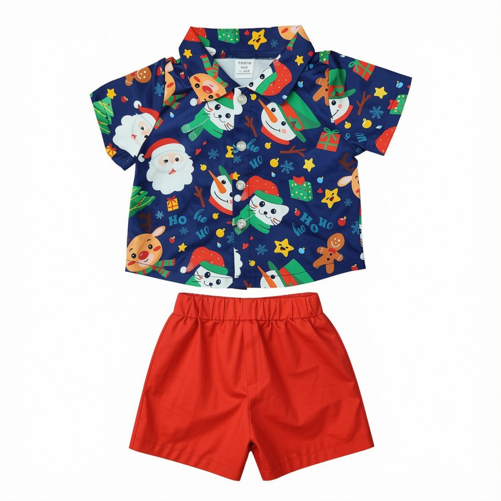 Conjunto Navidad Camisa azul y short rojo