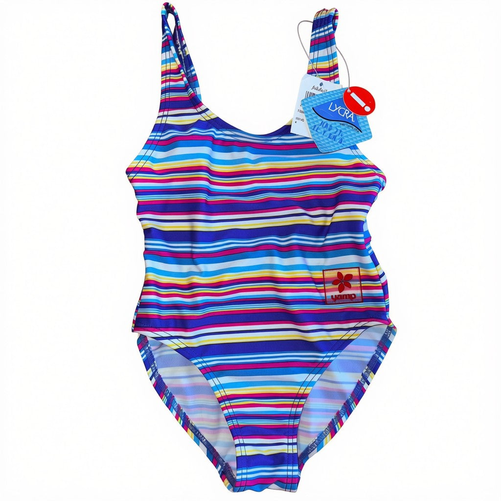 Traje de Baño con etiqueta manga corta con rayas azules, fucsias y amarillas