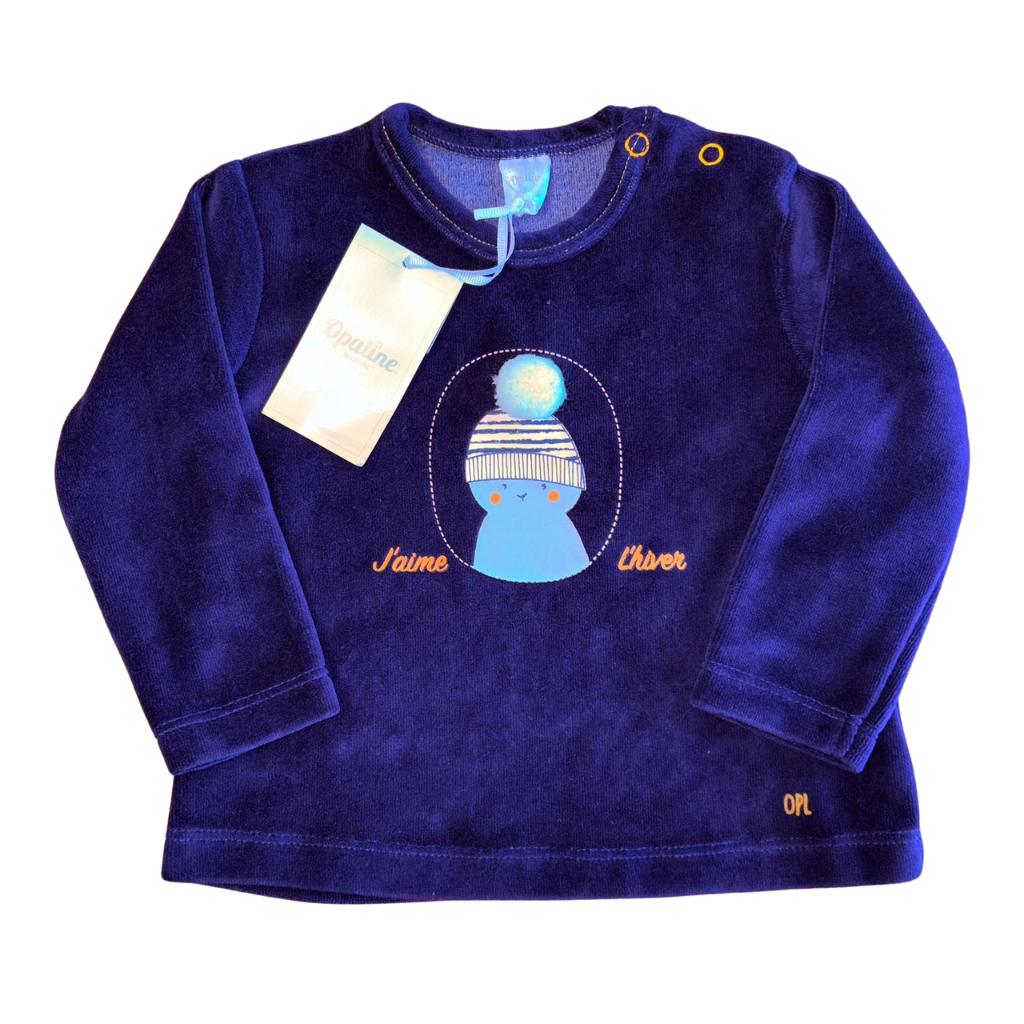 Polera manga etiqueta larga azul marino con diseño de muñeco de nieve