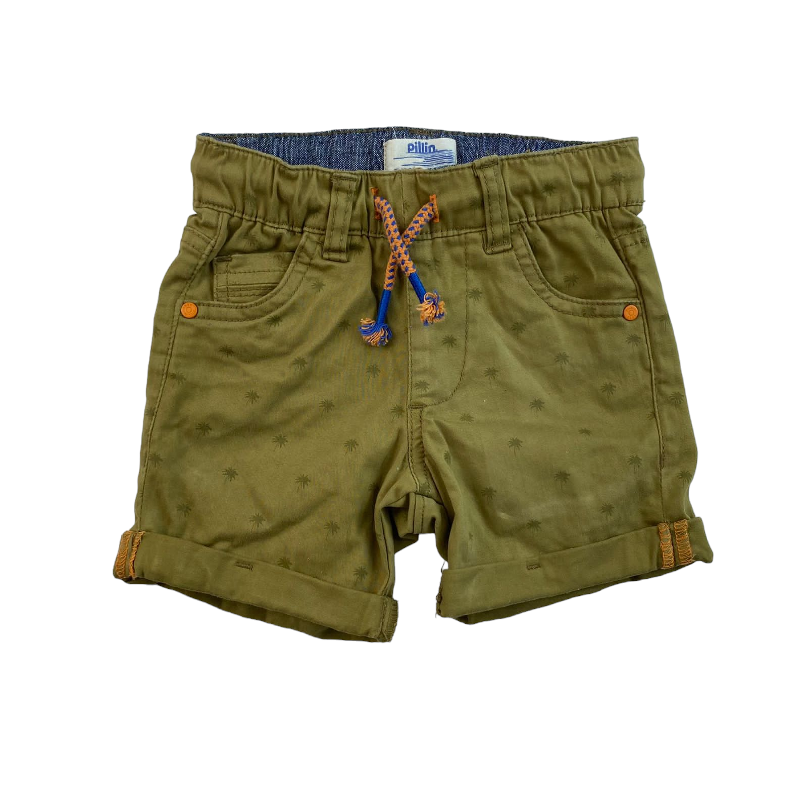 Short verde militar con cordones naranjo y palmeras