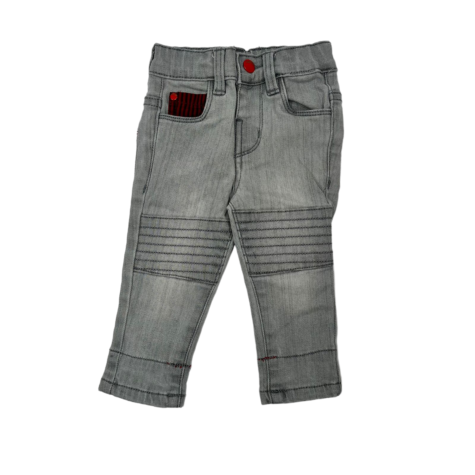 Jeans mezclilla gris con bolsillo y boton rojo