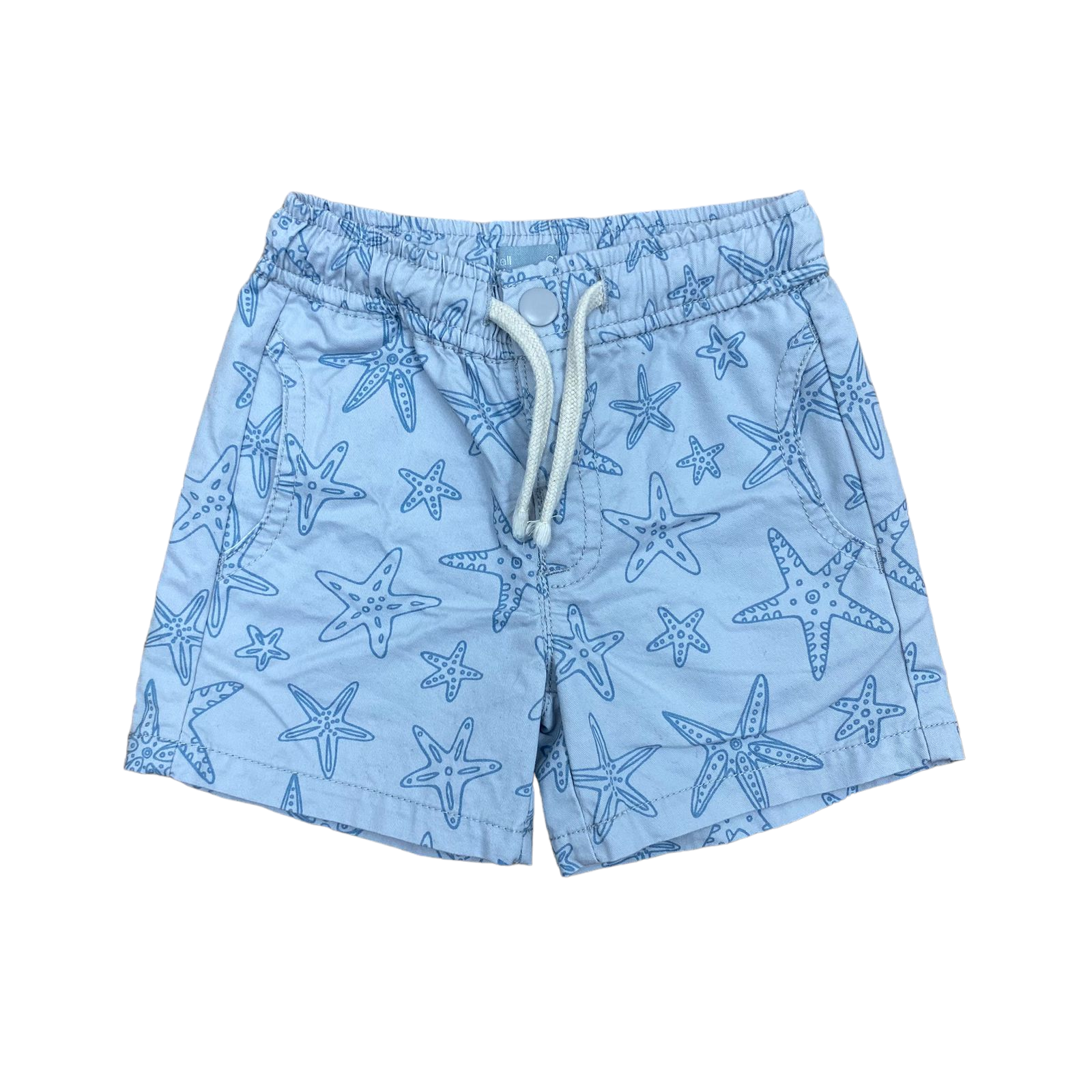 Short celeste con estrellas de mar y cordones blancos