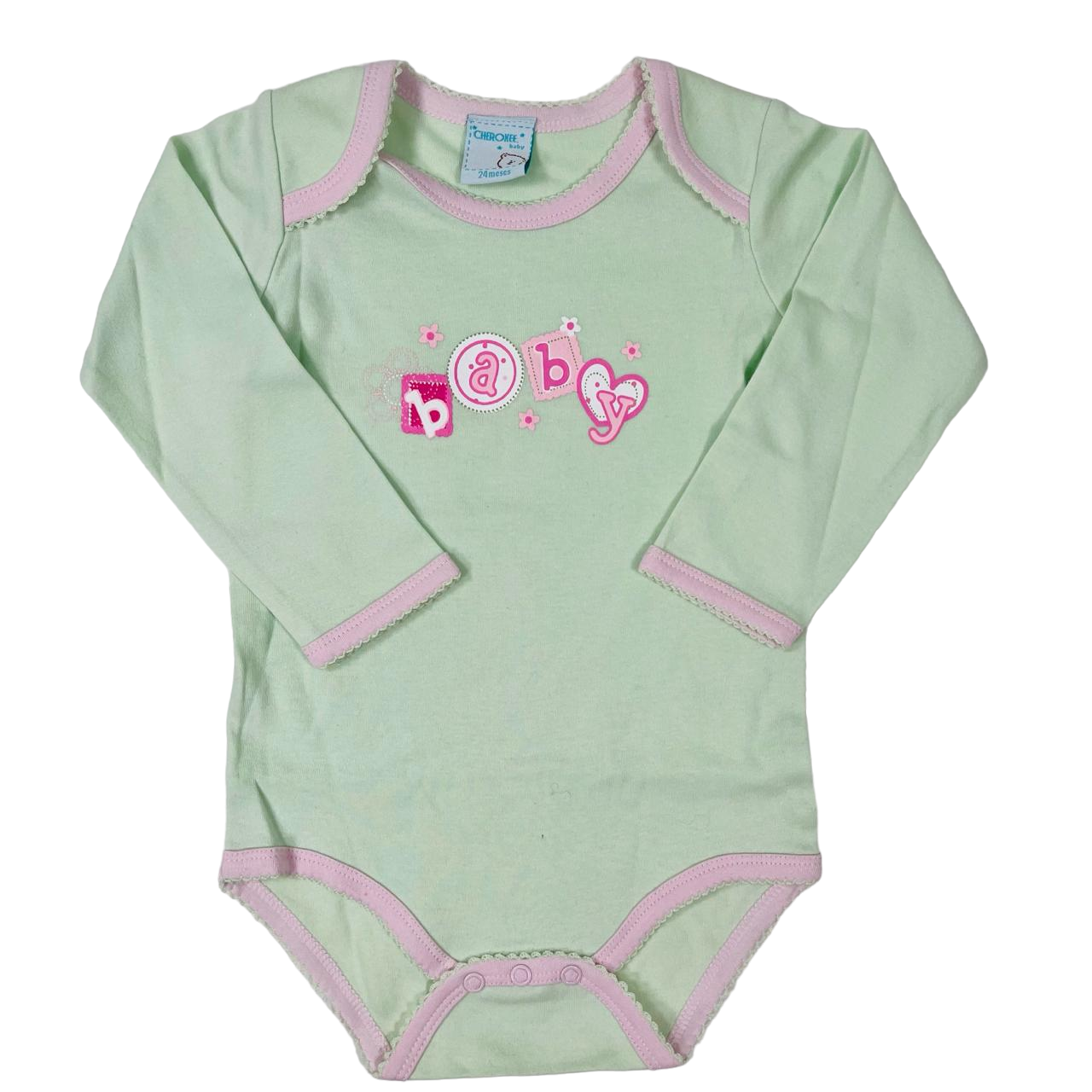 Bodys manga larga verde menta con lineas rosadas y diseño de baby