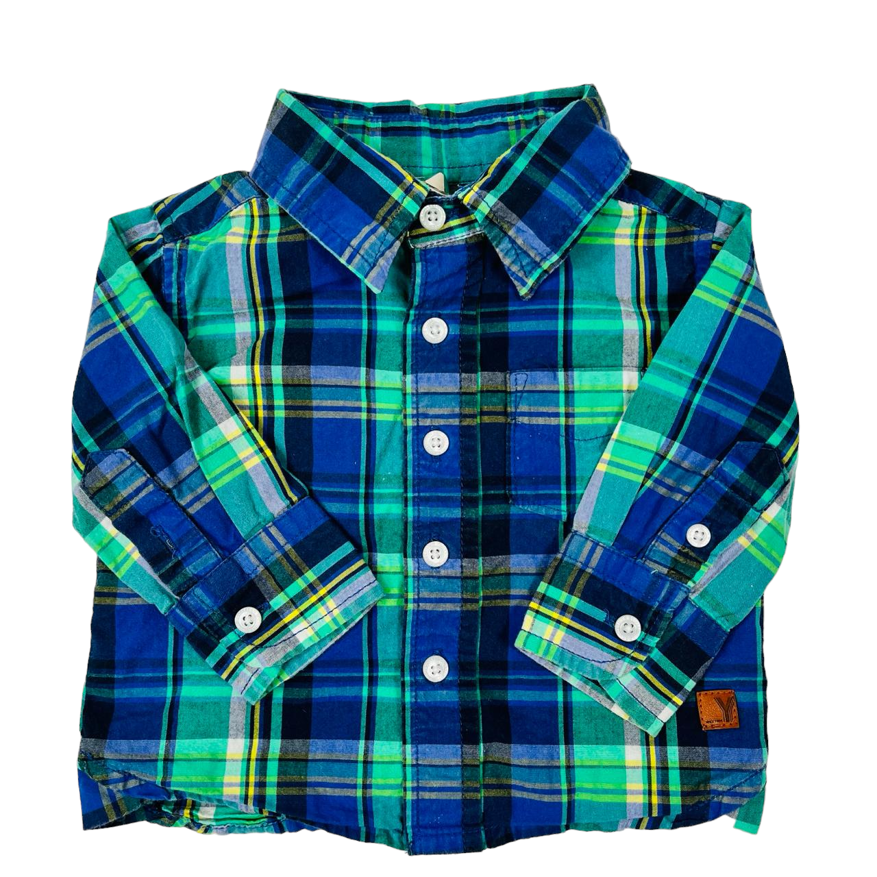 Camisa manga larga con lineas azul verde y gris con bolsillo y botones