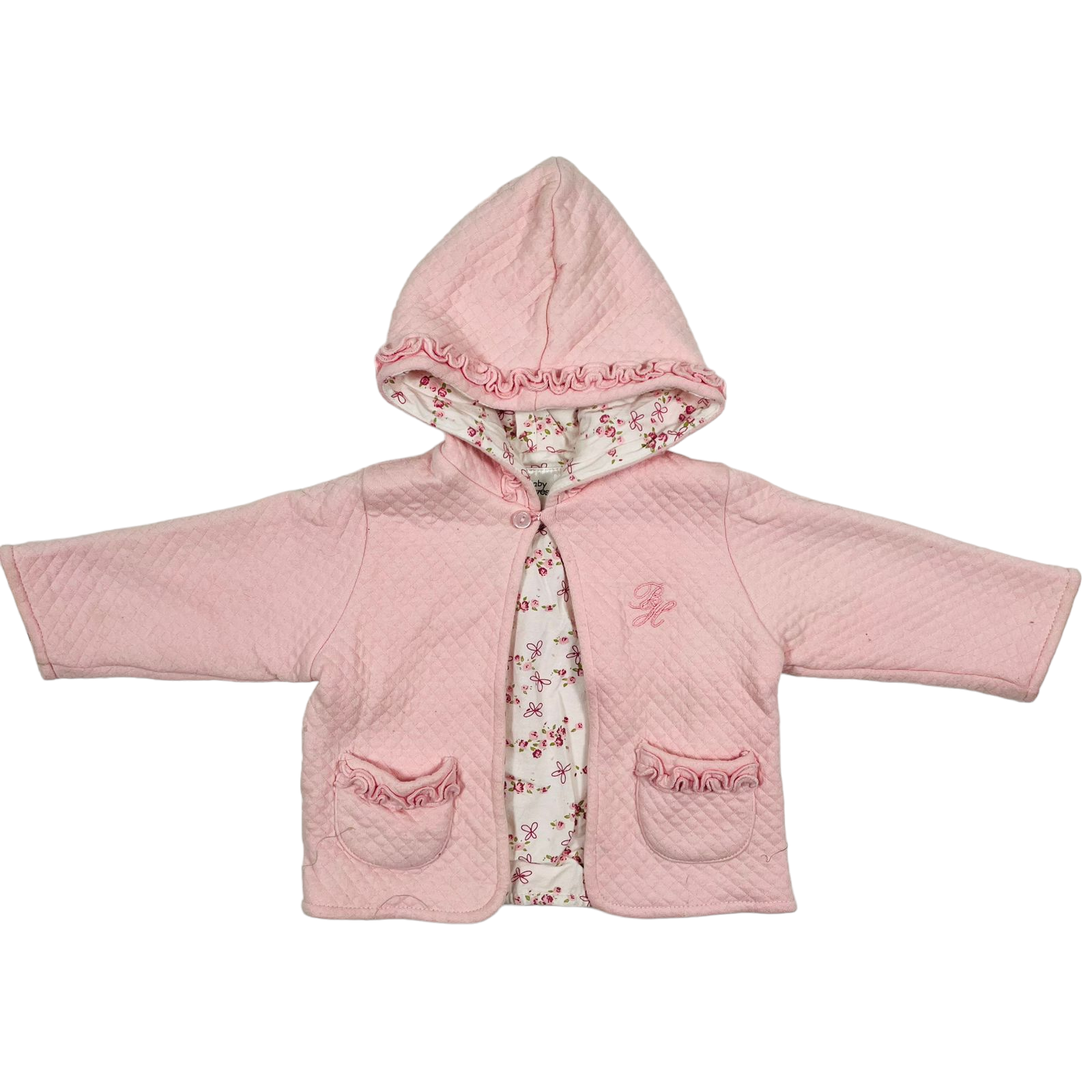 Abrigo rosa forrado en algodon diseño de flores con bolsillo y gorro con vuelitos