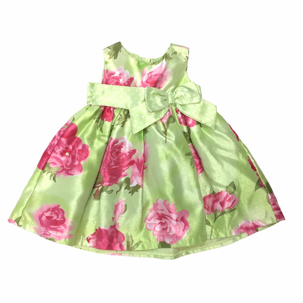 Vestido verde con Flores Fucsia