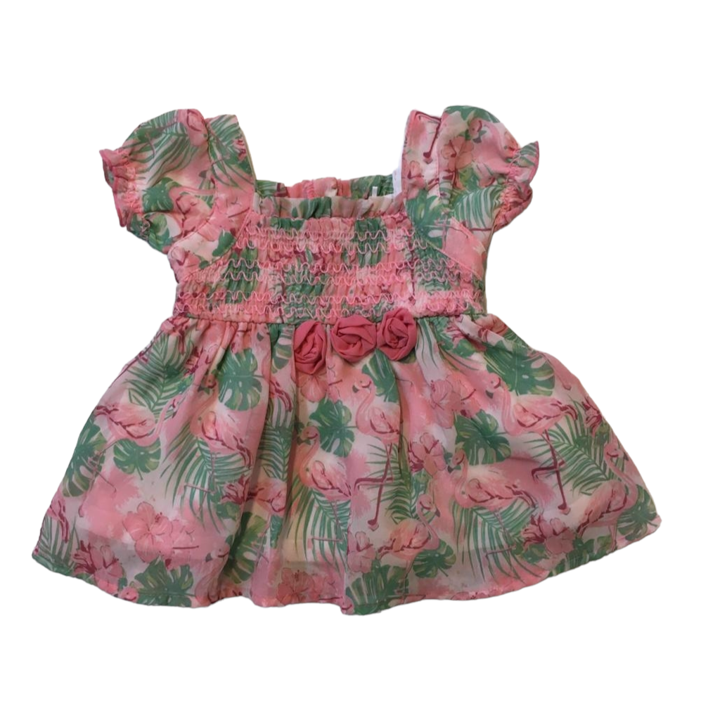 Vestido Rosado con Flores Verdes y