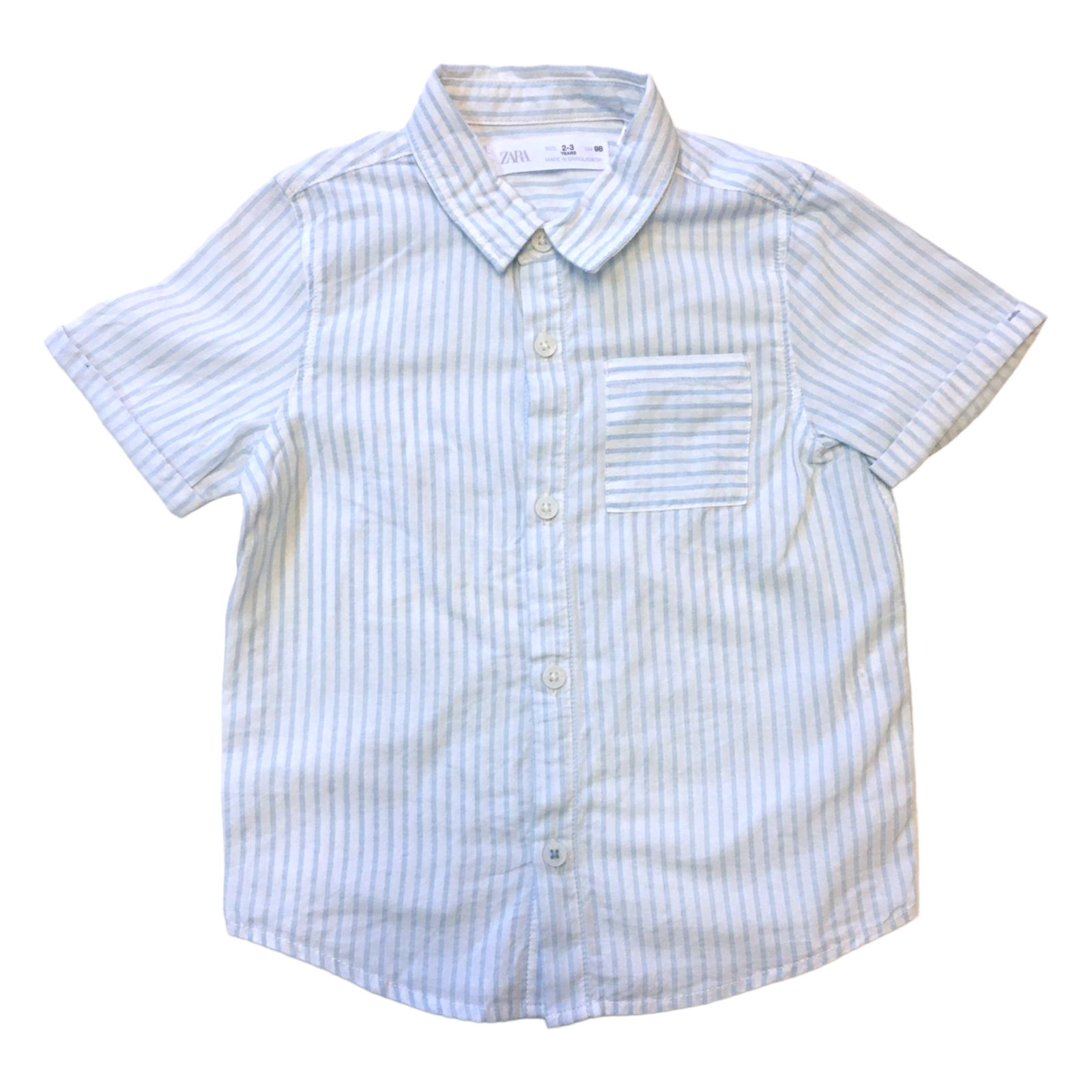Camisa Zara manga corta blanca con rayas celeste