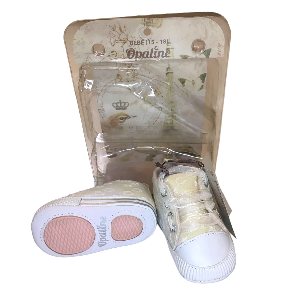 Zapatos crema con flores blancas, Nuevos en su caja, Talla 15-18