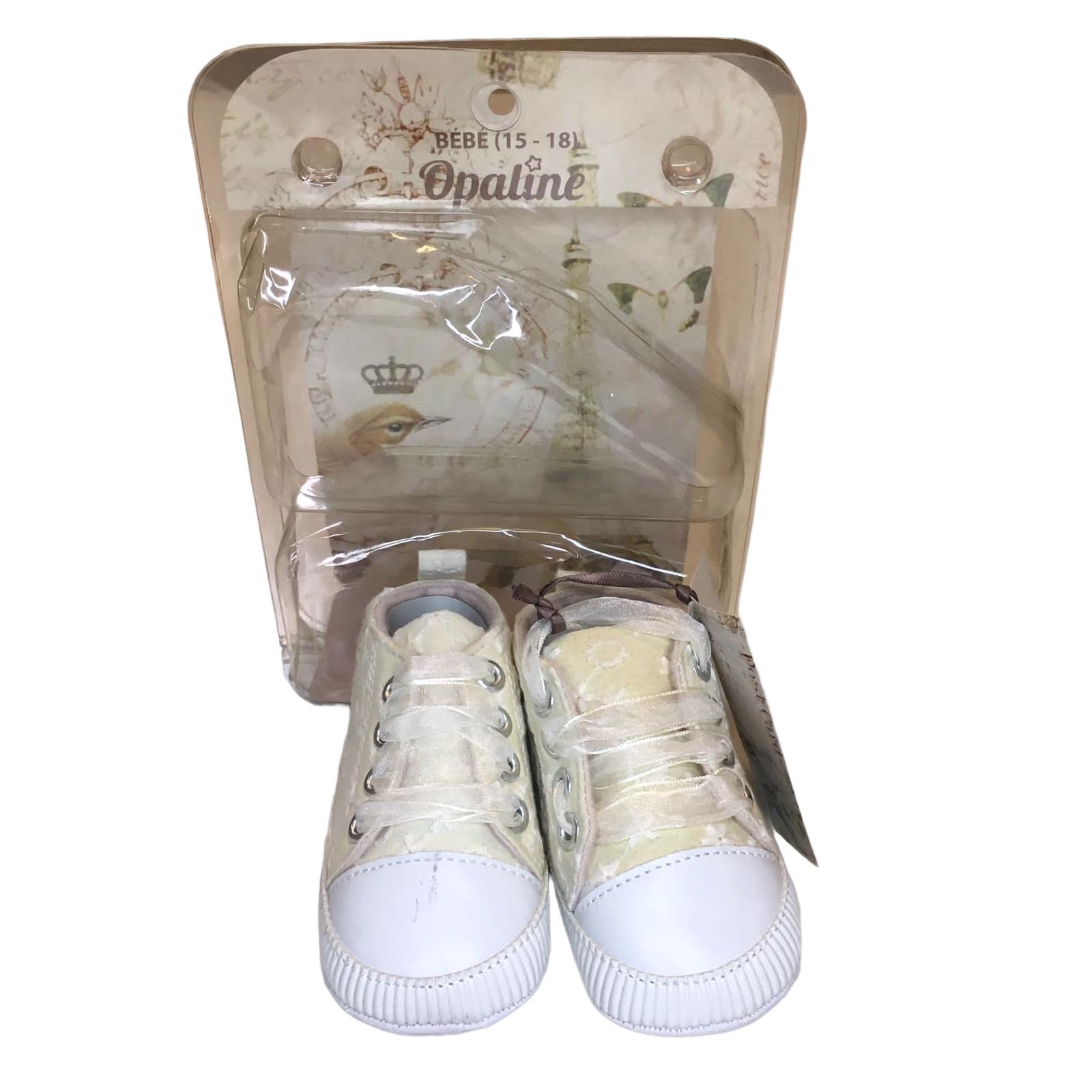 Zapatos crema con flores blancas, Nuevos en su caja, Talla 15-18