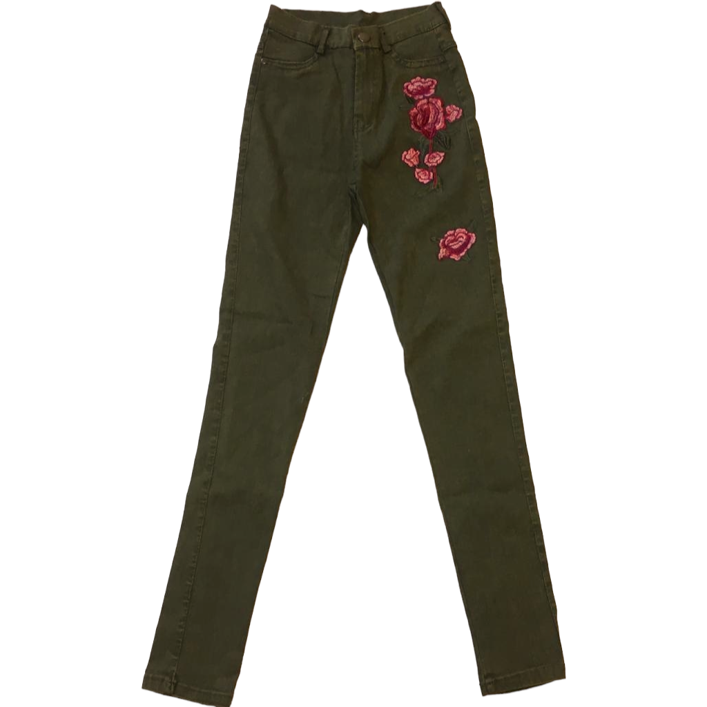 Pantalon de Mezclilla verde con flores fucsias