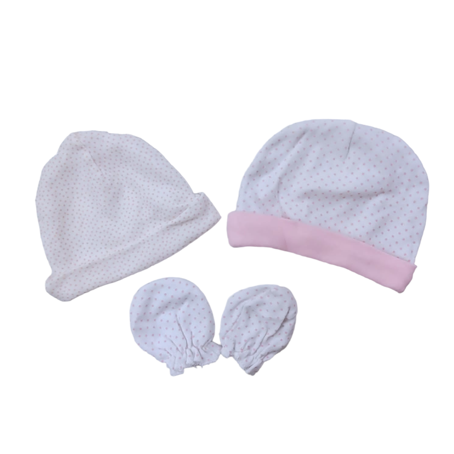 Pack de 2 gorros de algodon blancos con puntitos rosados y 1 par de mitones