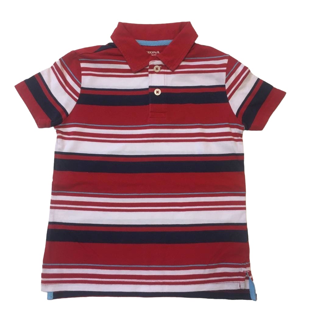 Polera roja con franjas azul y blanca